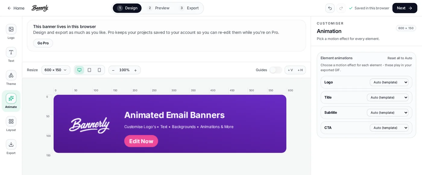 Bannerly Animate panel showing per-element motion effects, speed and delay controls for an animated email banner