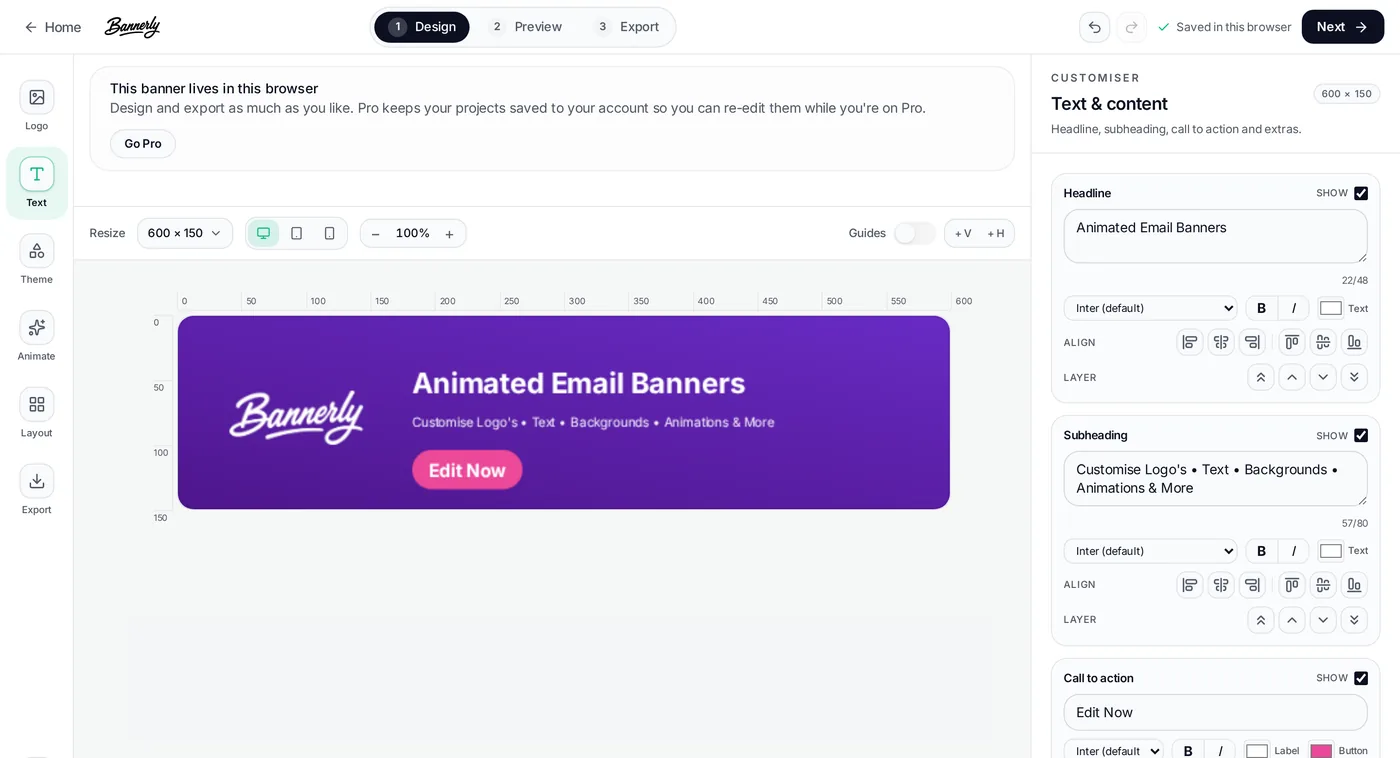 Bannerly editor Text and content panel, showing headline, subheading and call to action fields beside a 600 by 150 banner canvas