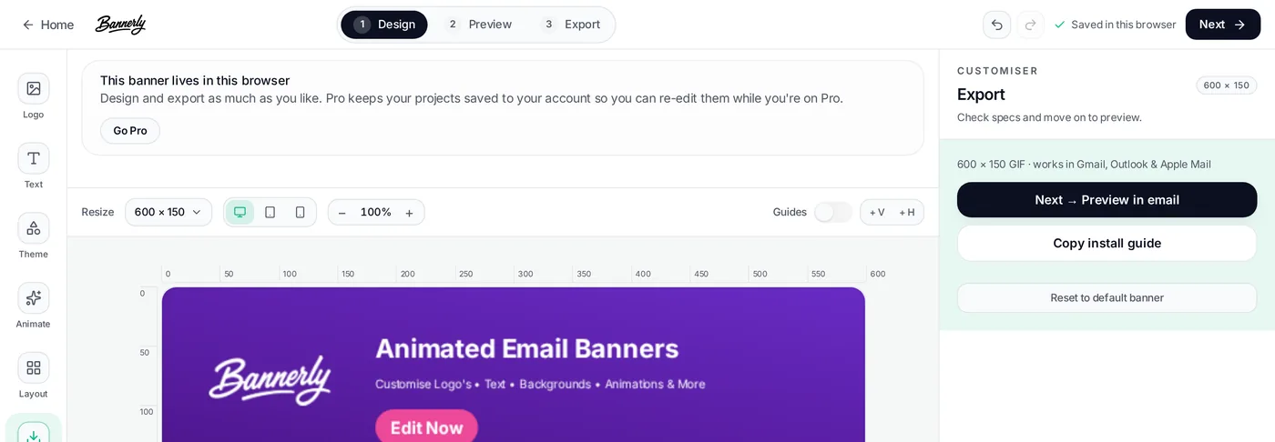 Bannerly Export panel showing animated GIF export settings and download button